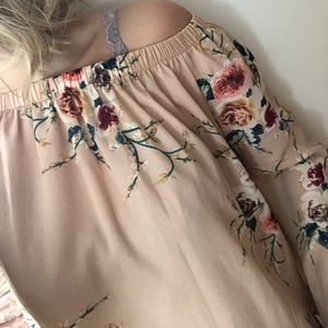 Nude floral off the shoulder shirt